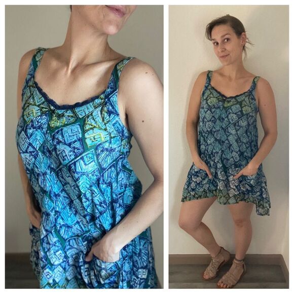 Free People Mini Dress Oversized Trapeze Triangle Print Blue Green - Picture 1 of 12